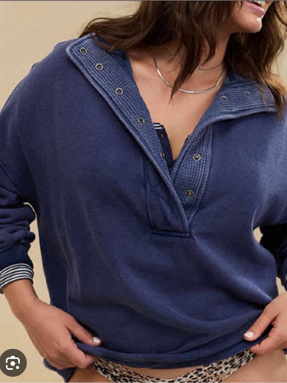 aerie Navy Blue Snap-Detail Waffle Collar Hoodie